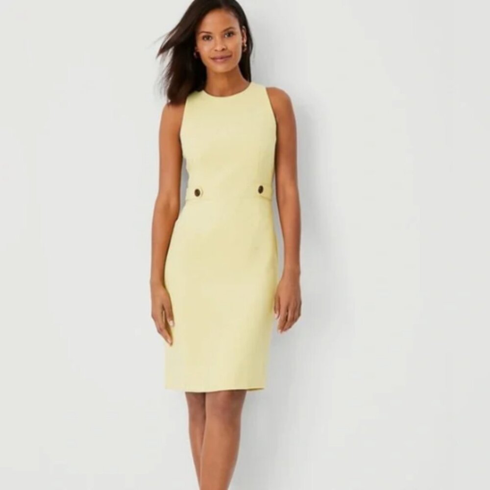 Ann Taylor Sleeveless Sheath Dress Daffodil Yellow Front Waist Button Trim $120